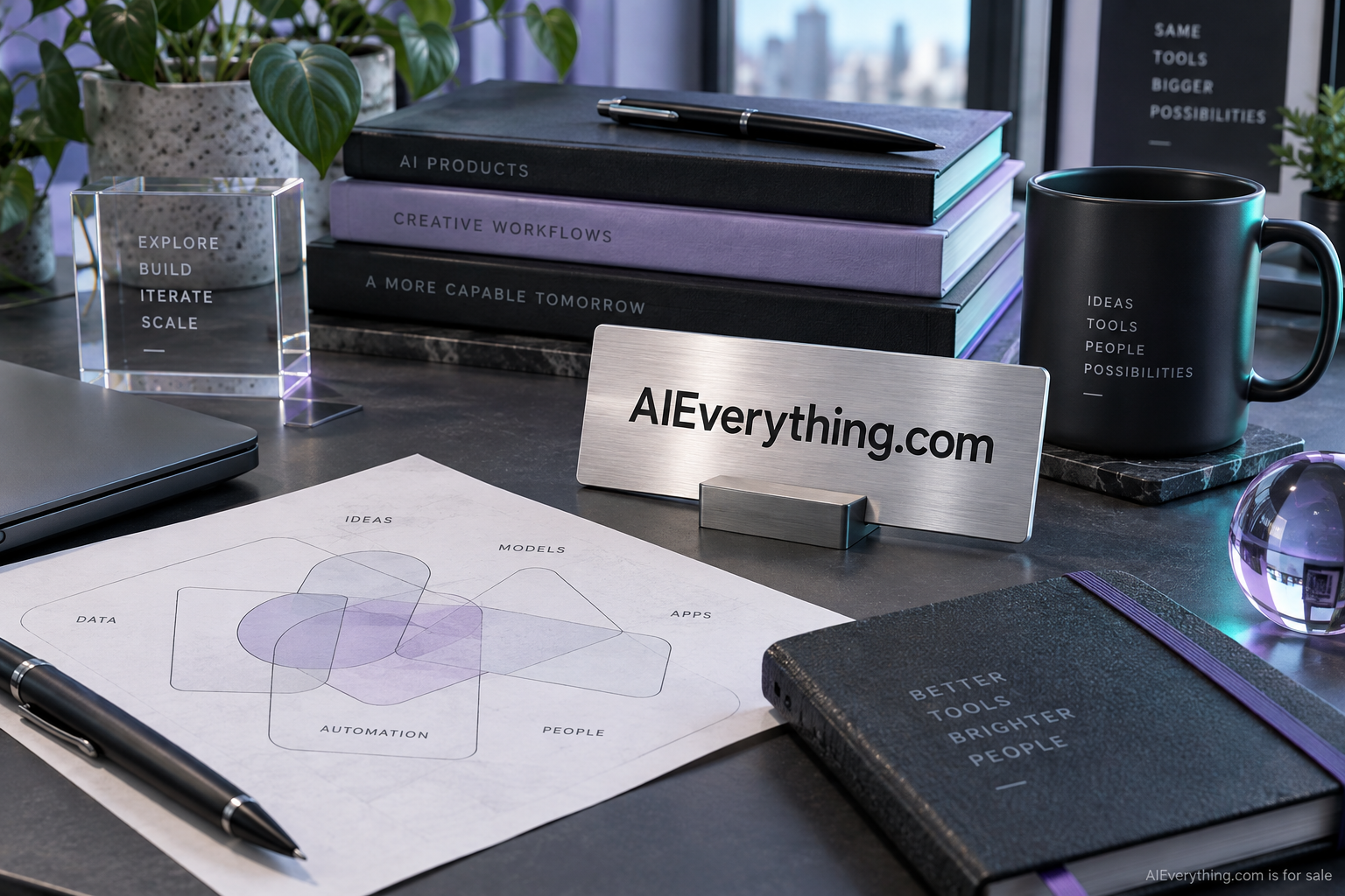 AIEverything.com brand materials arranged on a cool daylight desk